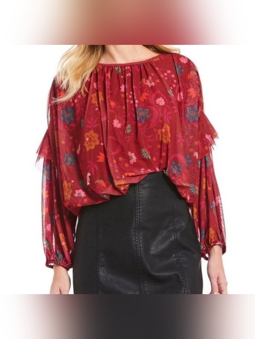 FREE PEOPLE WILDFLOWER HONEY FLORAL LONG SLEEVE MESH TOP